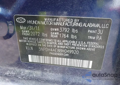 2011 Hyundai Elantra Gls from USA, damaged, VIN 5NPDH4AE8BH049920